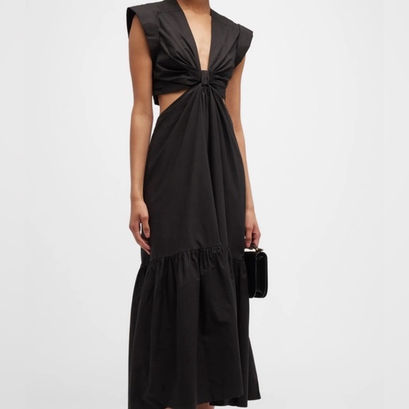 Jason Wu Waist Cutout Cuffed Cap Sleeve V-Neck Satin Dress Black, Size S, $400 - Picture 2 of 11